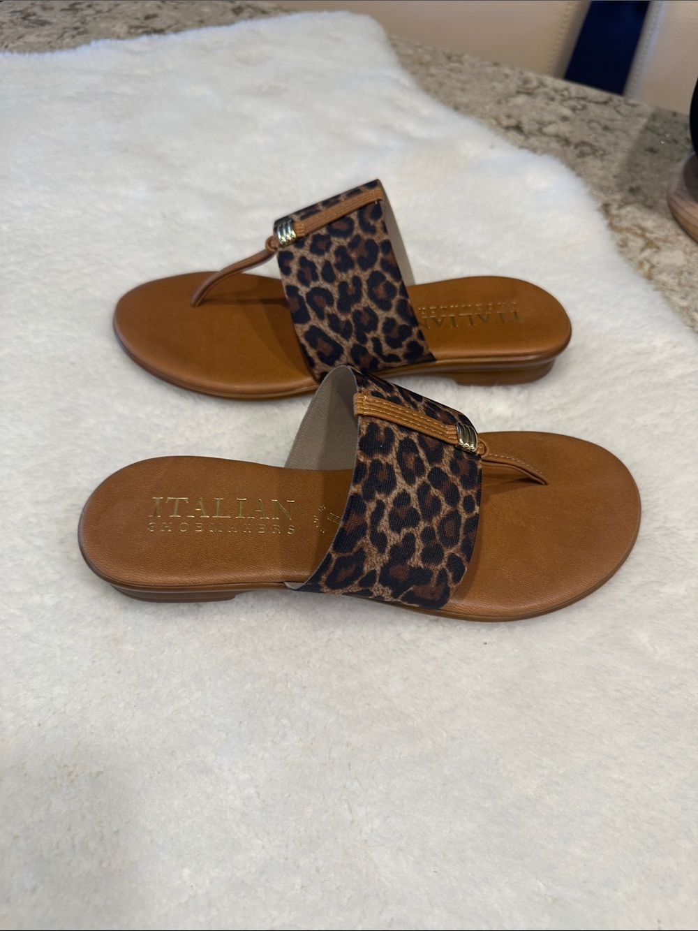 Italian Shoemakers Leopard Print Wide Strap Tan Thong Sandals